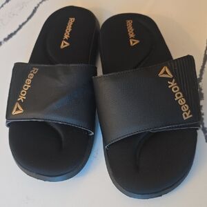 Reebok Womens Black And Gold Sandals With Adjustable Strap And Memory Foam
